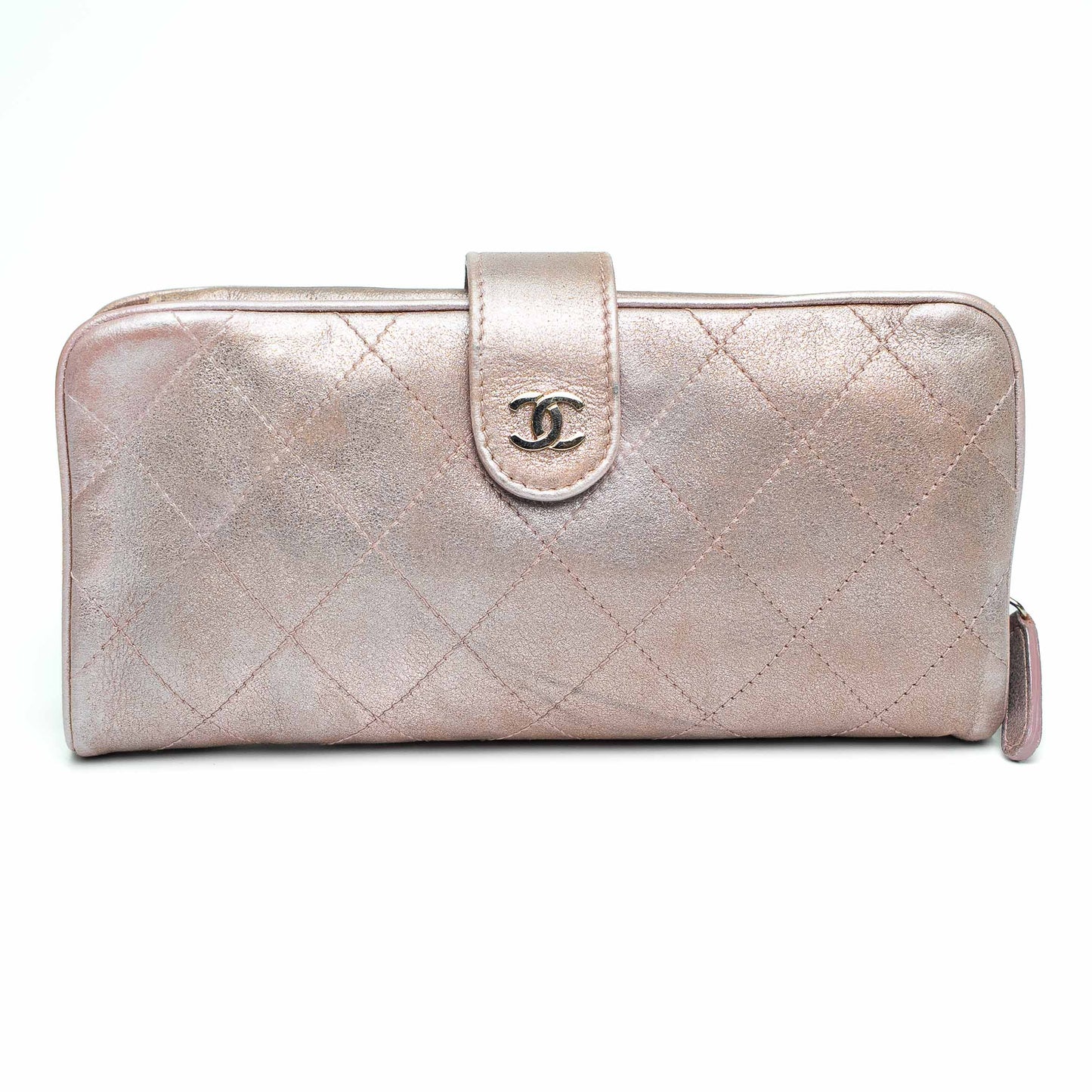 Chanel Metallic Pink Quilted Long Wallet with Detachable Pouch