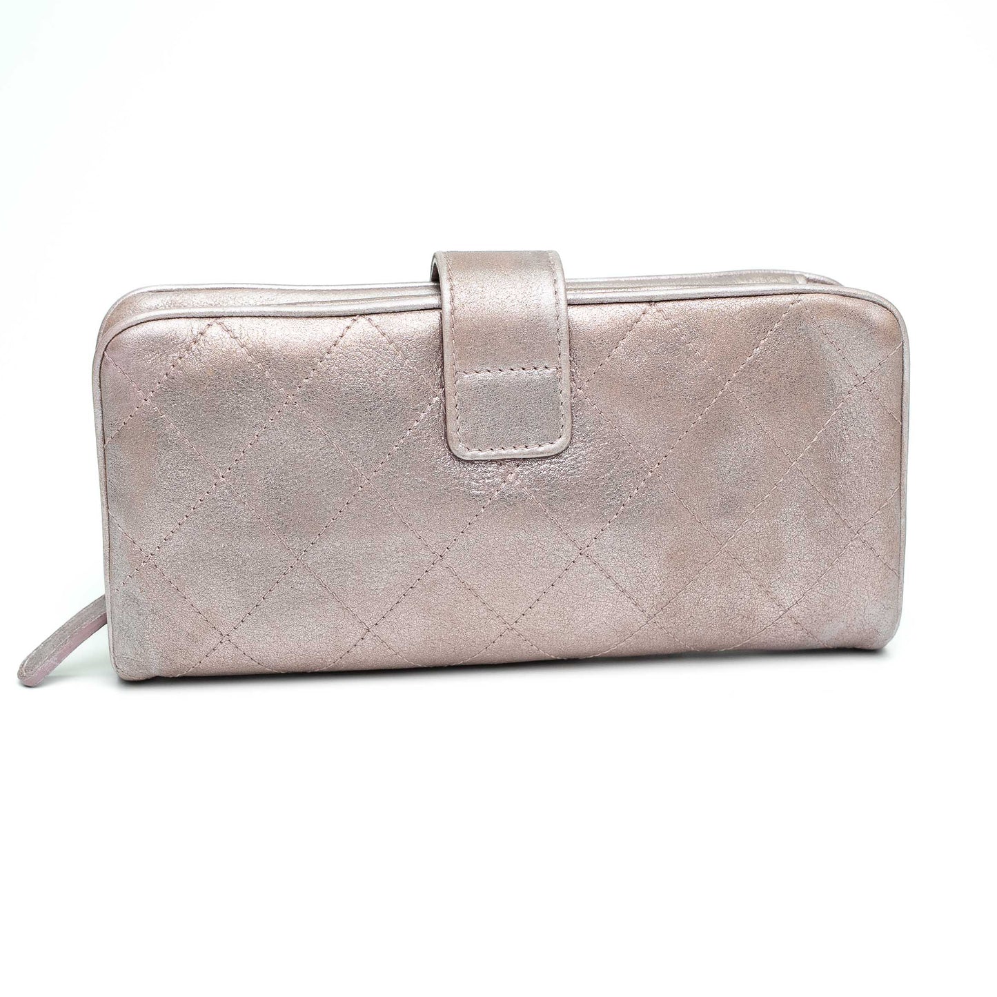 Chanel Metallic Pink Quilted Long Wallet with Detachable Pouch