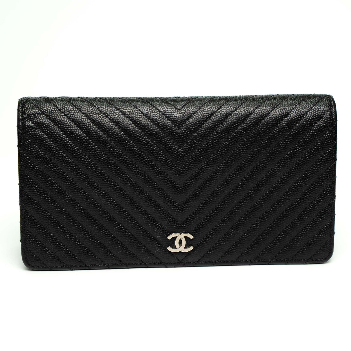 Chanel 2016 Black Chevron Quilted Caviar Leather Long Wallet