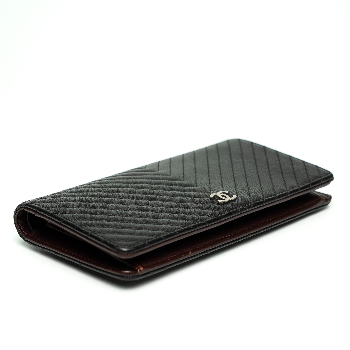 Chanel 2016 Black Chevron Quilted Caviar Leather Long Wallet