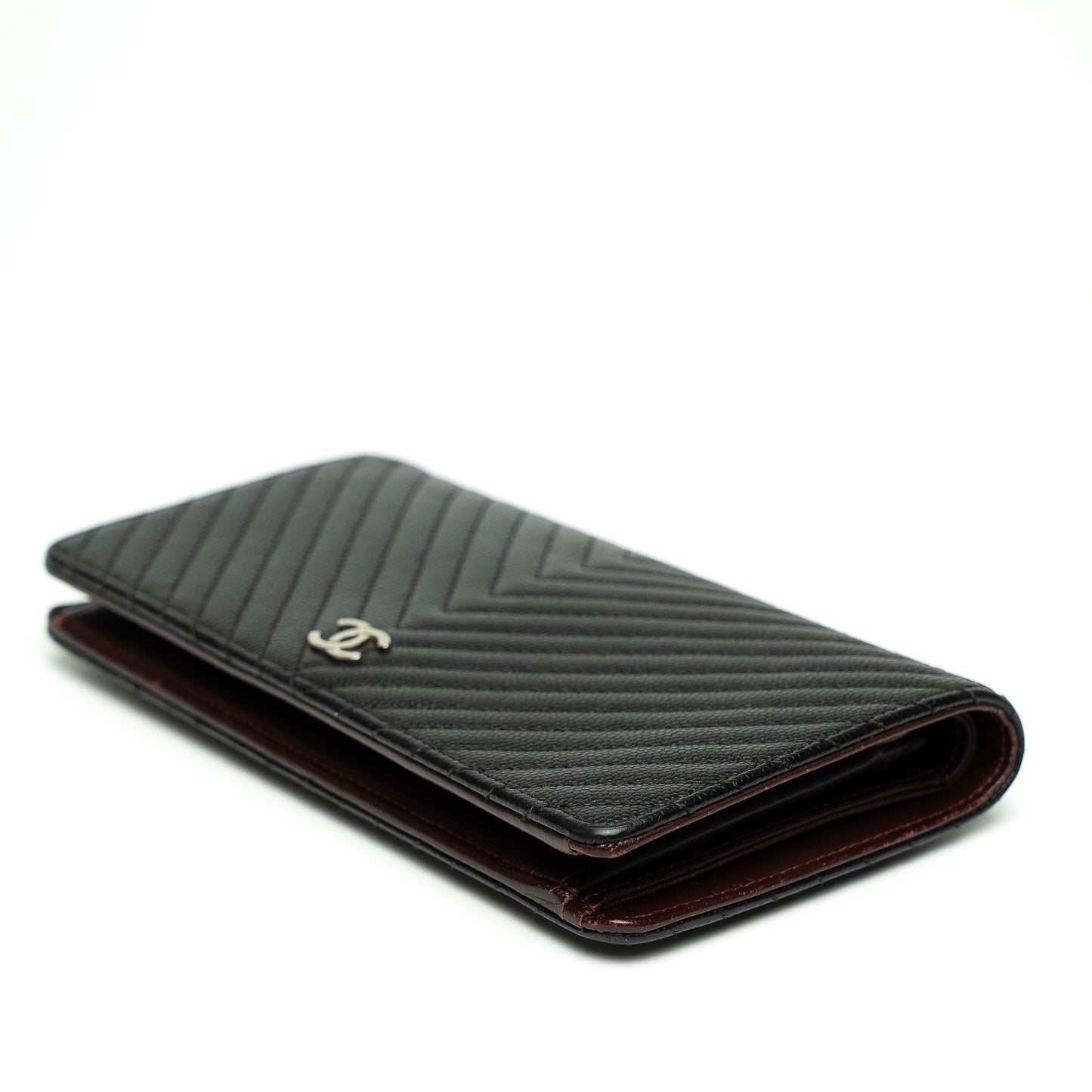 Chanel 2016 Black Chevron Quilted Caviar Leather Long Wallet