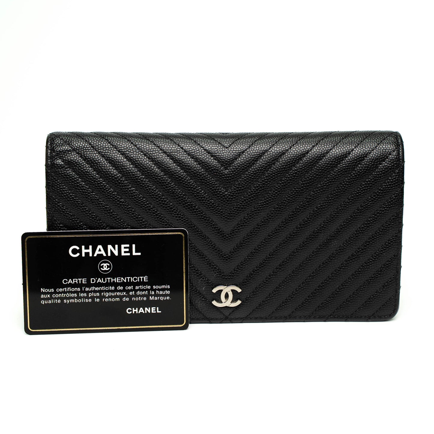 Chanel 2016 Black Chevron Quilted Caviar Leather Long Wallet
