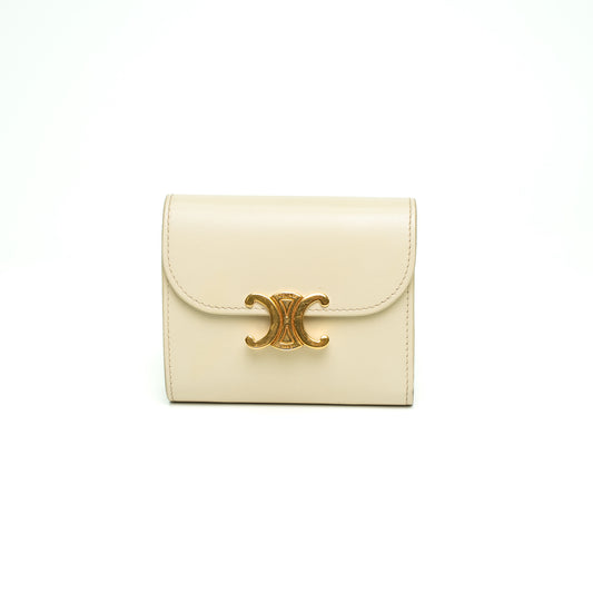 Celine Triomphe Compact Flap Wallet in Beige Calfskin Leather