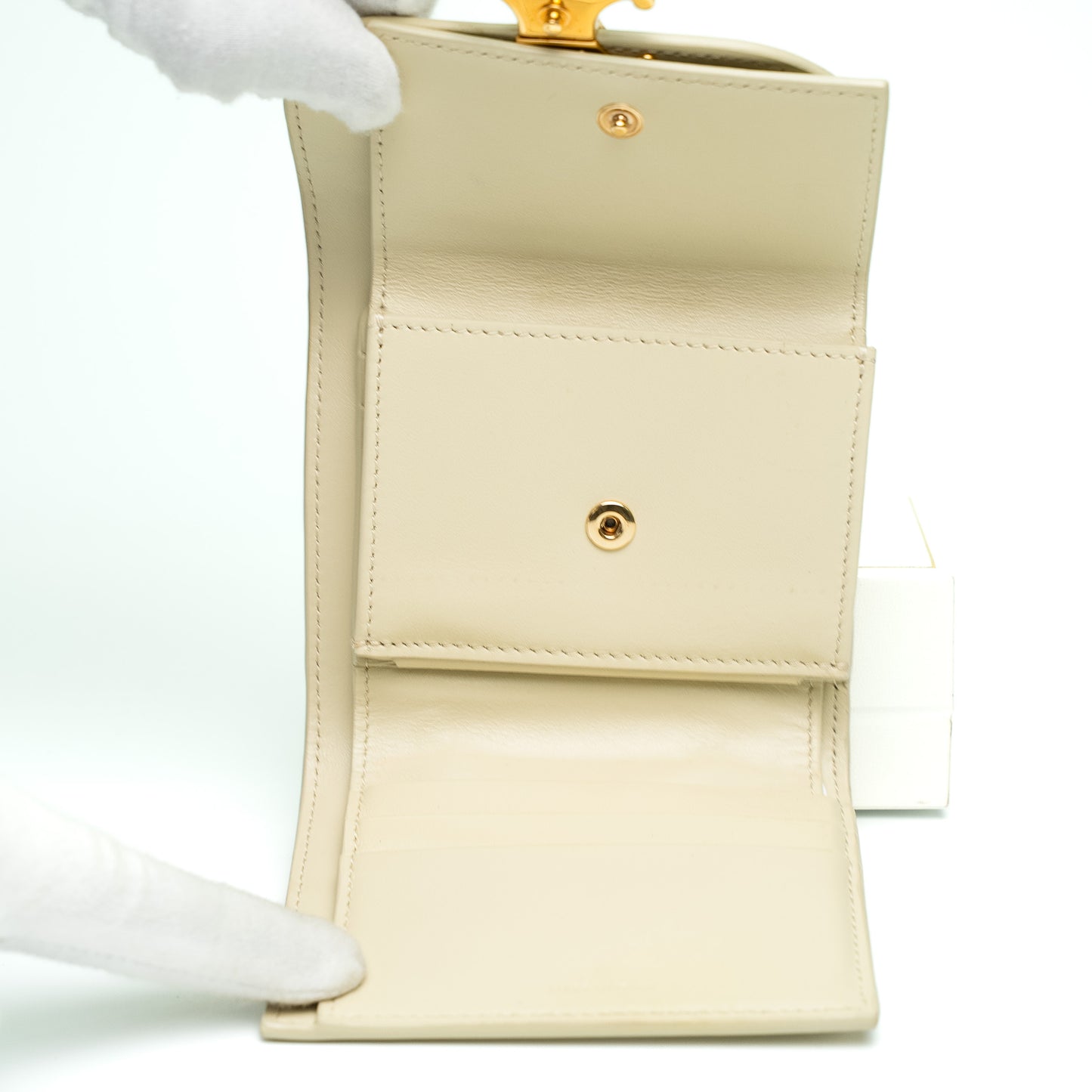 Celine Triomphe Compact Flap Wallet in Beige Calfskin Leather