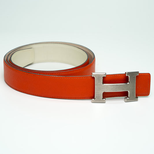 Hermès Reversible H Buckle Belt in Orange and White Leather