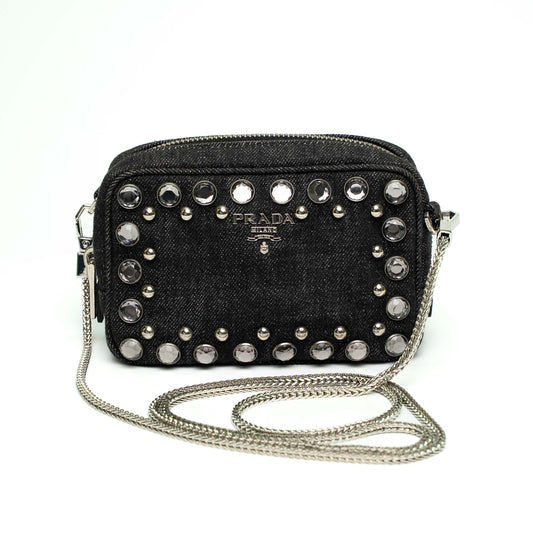 Prada Black Denim Studded Chain Crossbody Bag