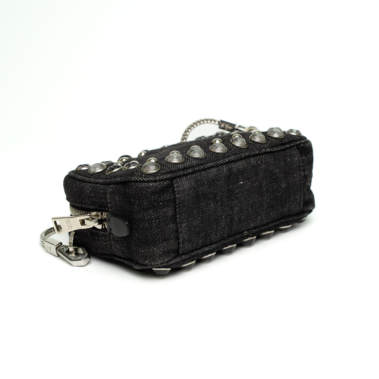 Prada Black Denim Studded Chain Crossbody Bag