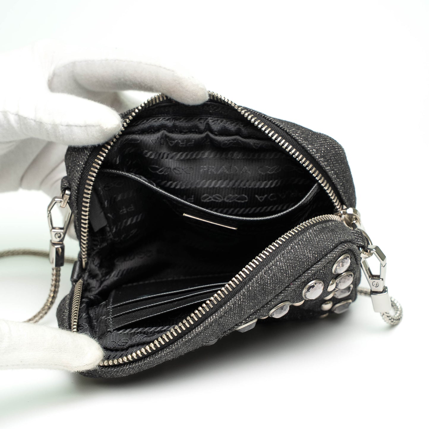 Prada Black Denim Studded Chain Crossbody Bag