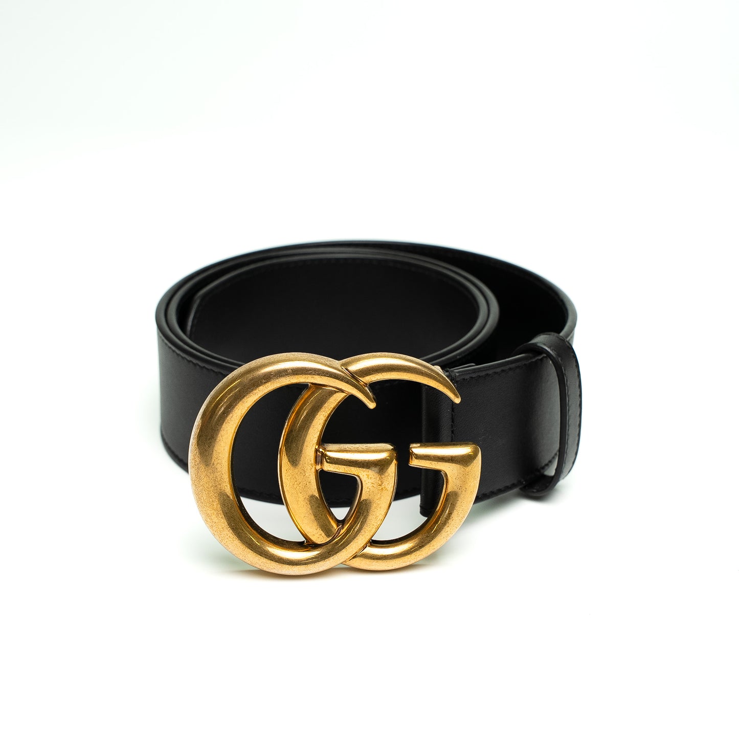 Gucci Black Leather Belt with Antique Gold Double G Buckle