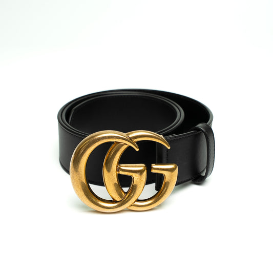 Gucci Black Leather Belt with Antique Gold Double G Buckle