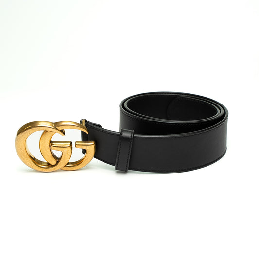 Gucci Black Leather Belt with Antique Gold Double G Buckle