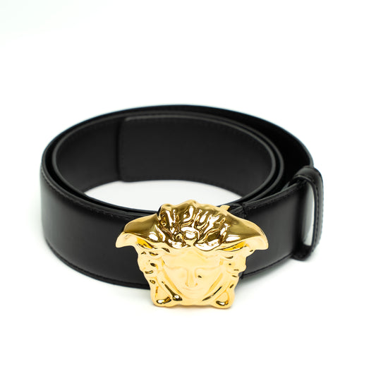 Versace Black Leather Medusa Gold Buckle Belt