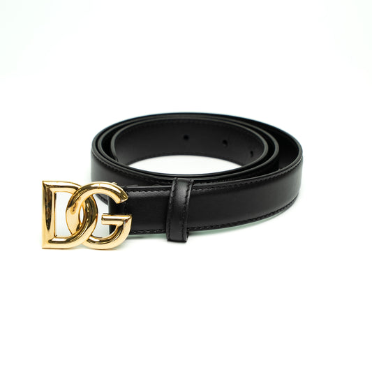 Dolce & Gabbana Black Leather DG Gold Buckle Belt