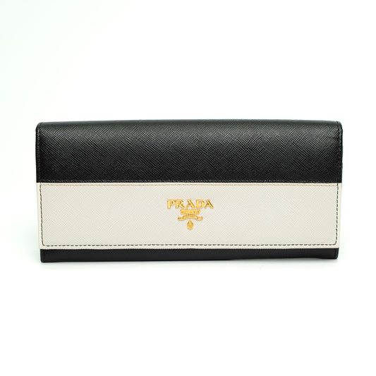 Prada Black & Cream Saffiano Leather Long Wallet