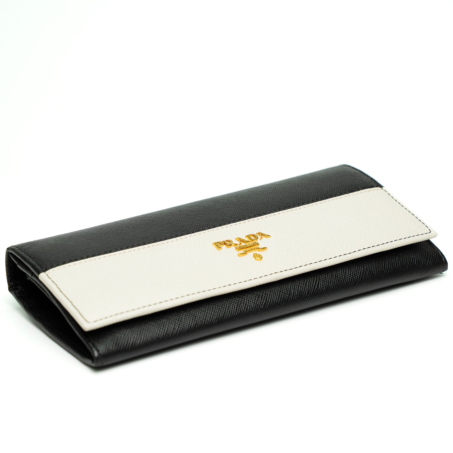 Prada Black & Cream Saffiano Leather Long Wallet