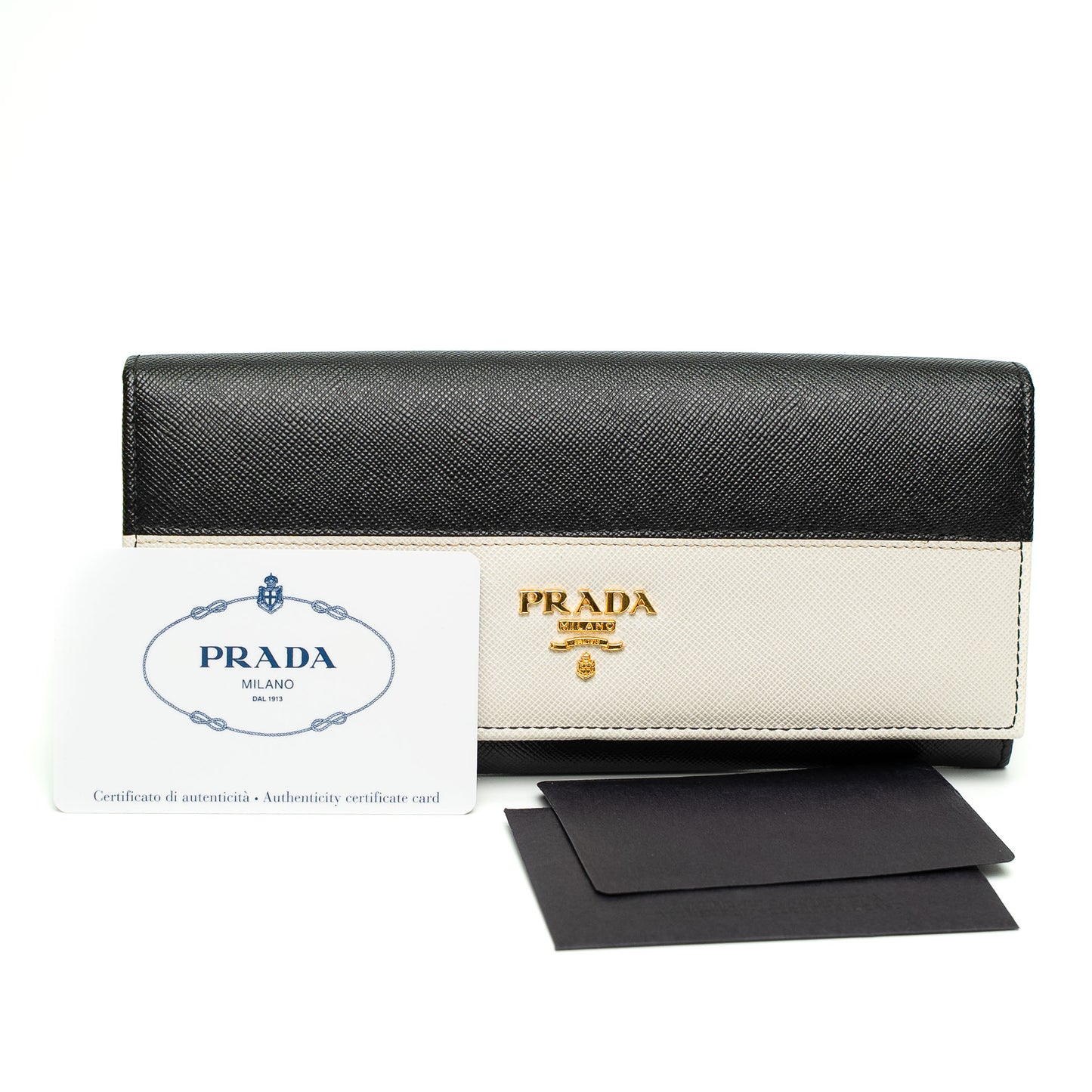 Prada Black & Cream Saffiano Leather Long Wallet