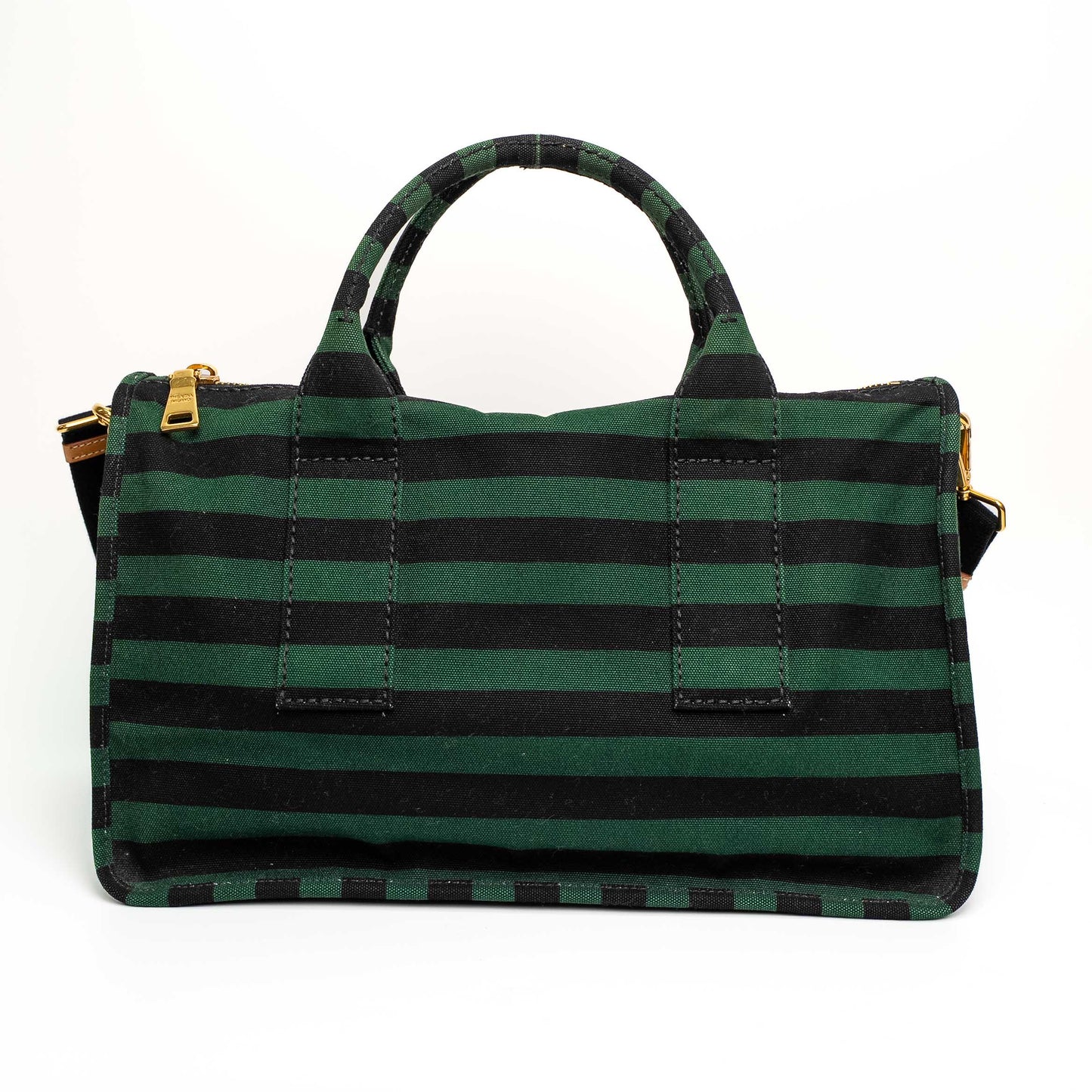 Prada Canvas Striped Green Black Top Handle Tote