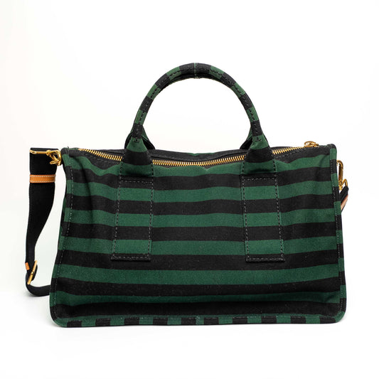 Prada Canvas Striped Green Black Top Handle Tote