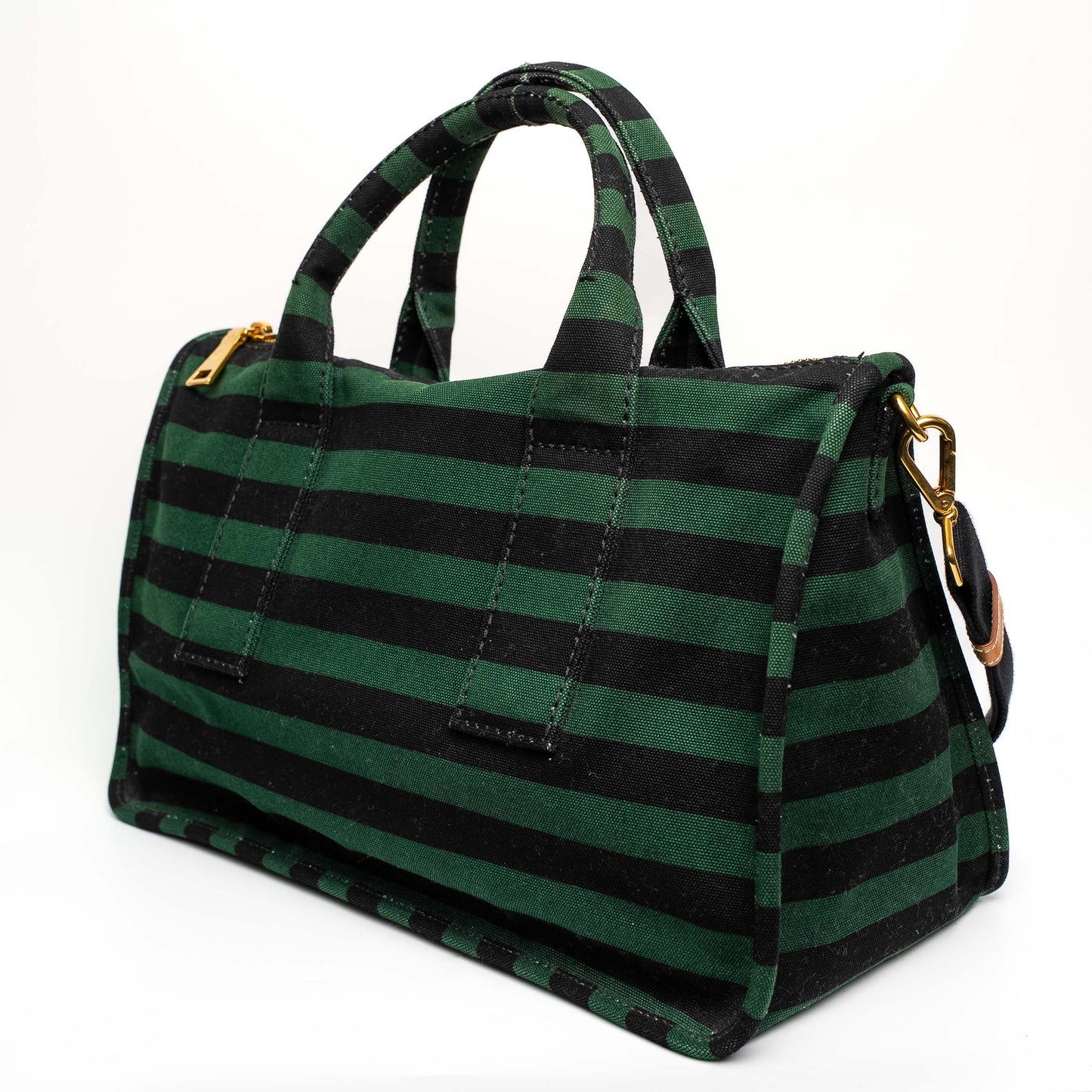 Prada Canvas Striped Green Black Top Handle Tote