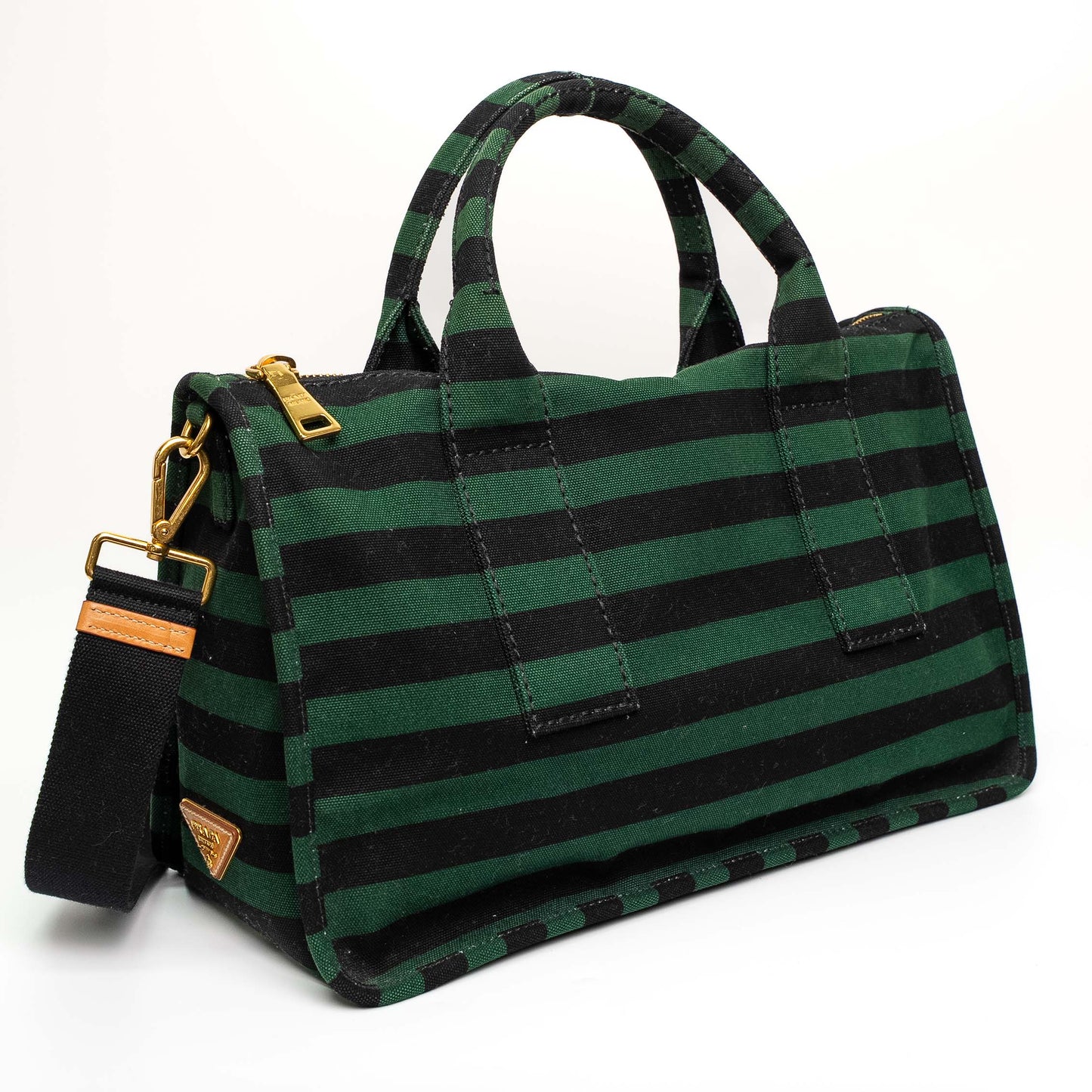 Prada Canvas Striped Green Black Top Handle Tote