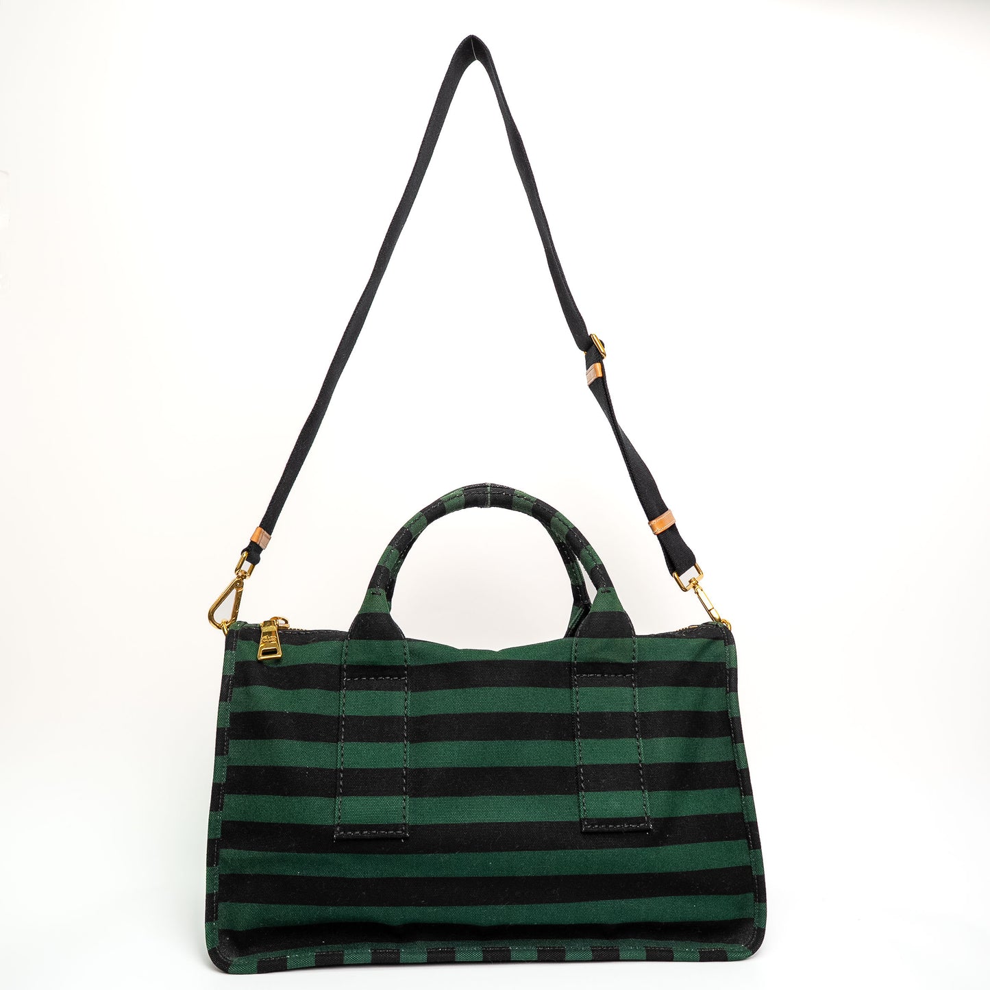 Prada Canvas Striped Green Black Top Handle Tote