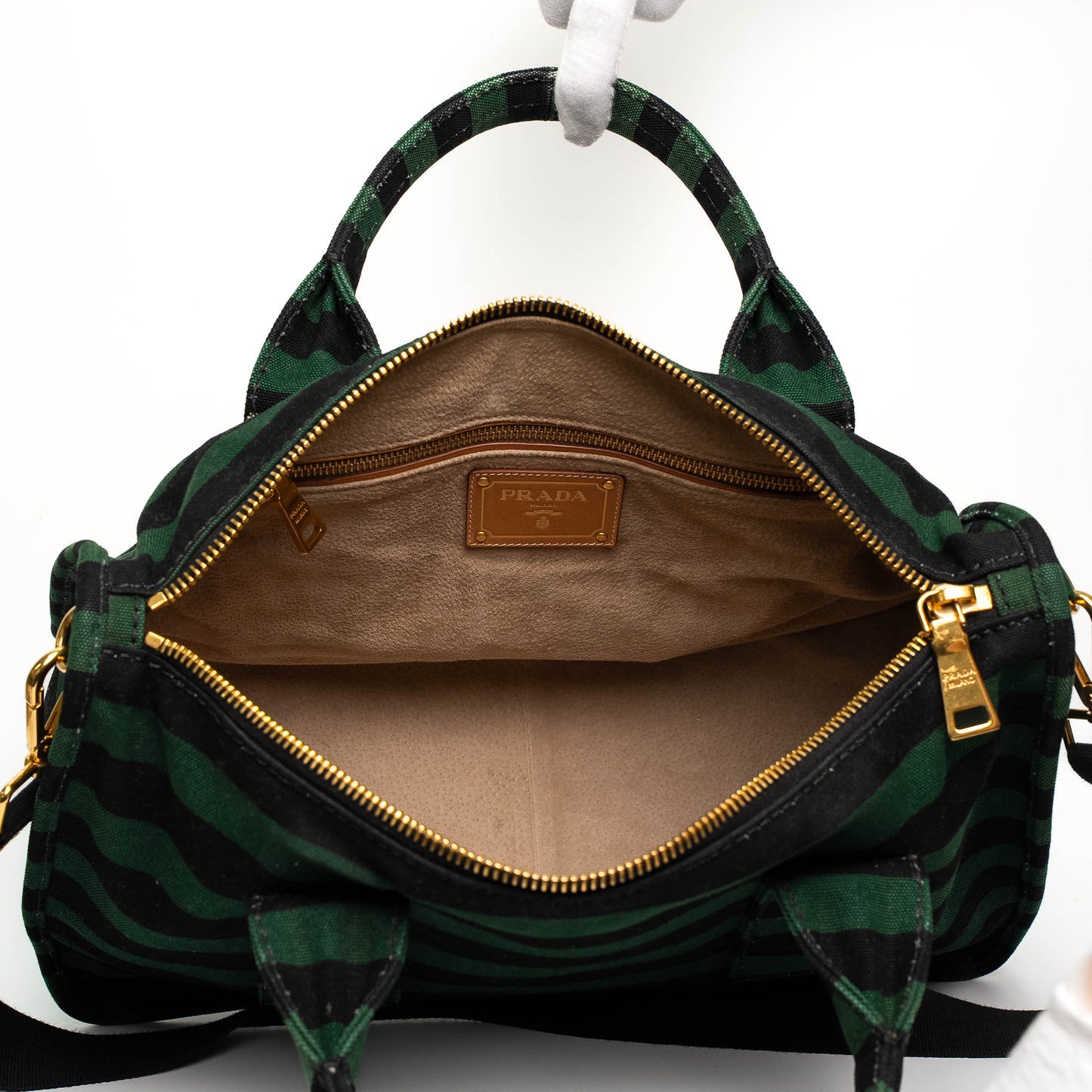 Prada Canvas Striped Green Black Top Handle Tote
