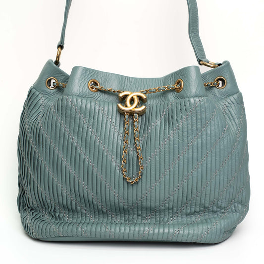 Chanel Pleated Drawstring Bucket Bag Mint Blue