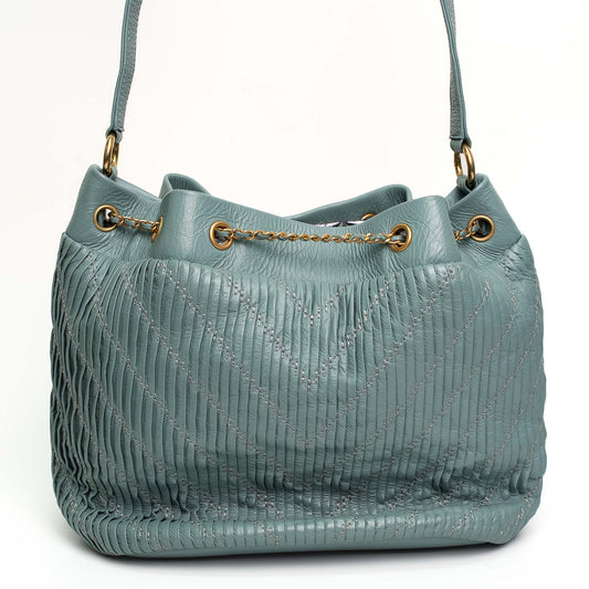 Chanel Pleated Drawstring Bucket Bag Mint Blue