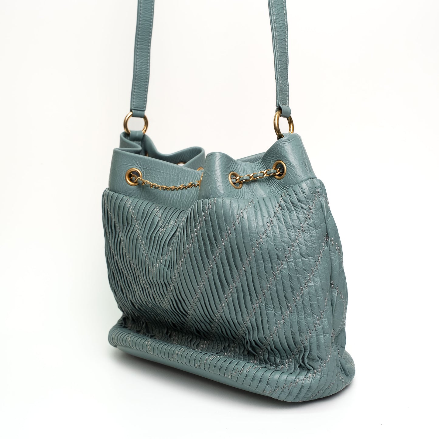 Chanel Pleated Drawstring Bucket Bag Mint Blue