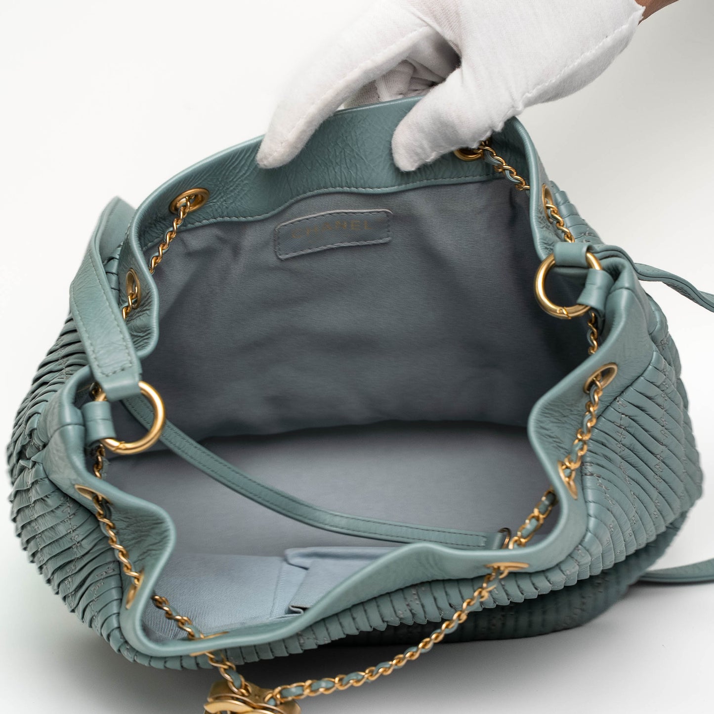 Chanel Pleated Drawstring Bucket Bag Mint Blue