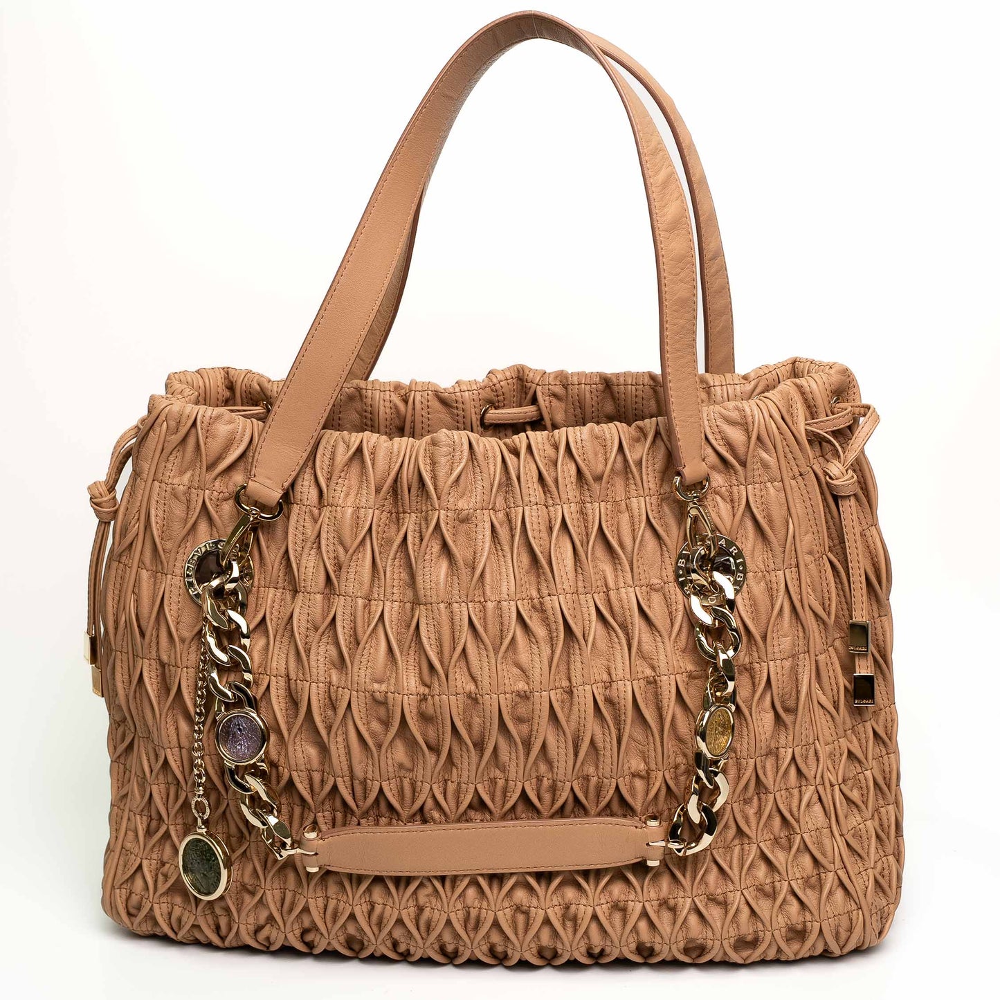 Bvlgari Willow Beige Pleated Leather Drawstring Tote Bag