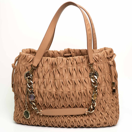 Bvlgari Willow Beige Pleated Leather Drawstring Tote Bag