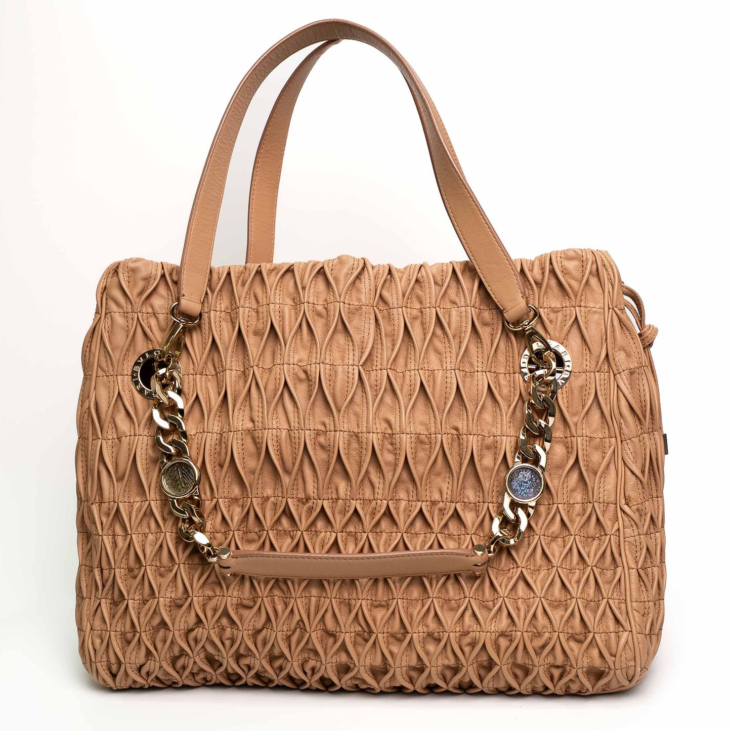 Bvlgari Willow Beige Pleated Leather Drawstring Tote Bag