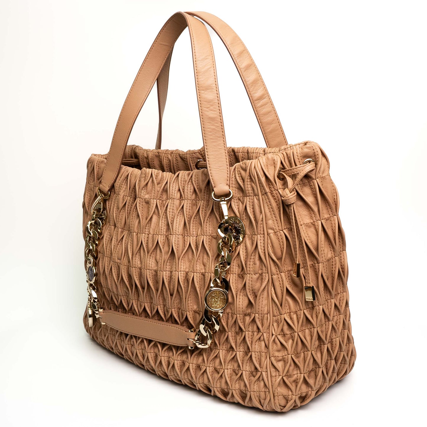 Bvlgari Willow Beige Pleated Leather Drawstring Tote Bag