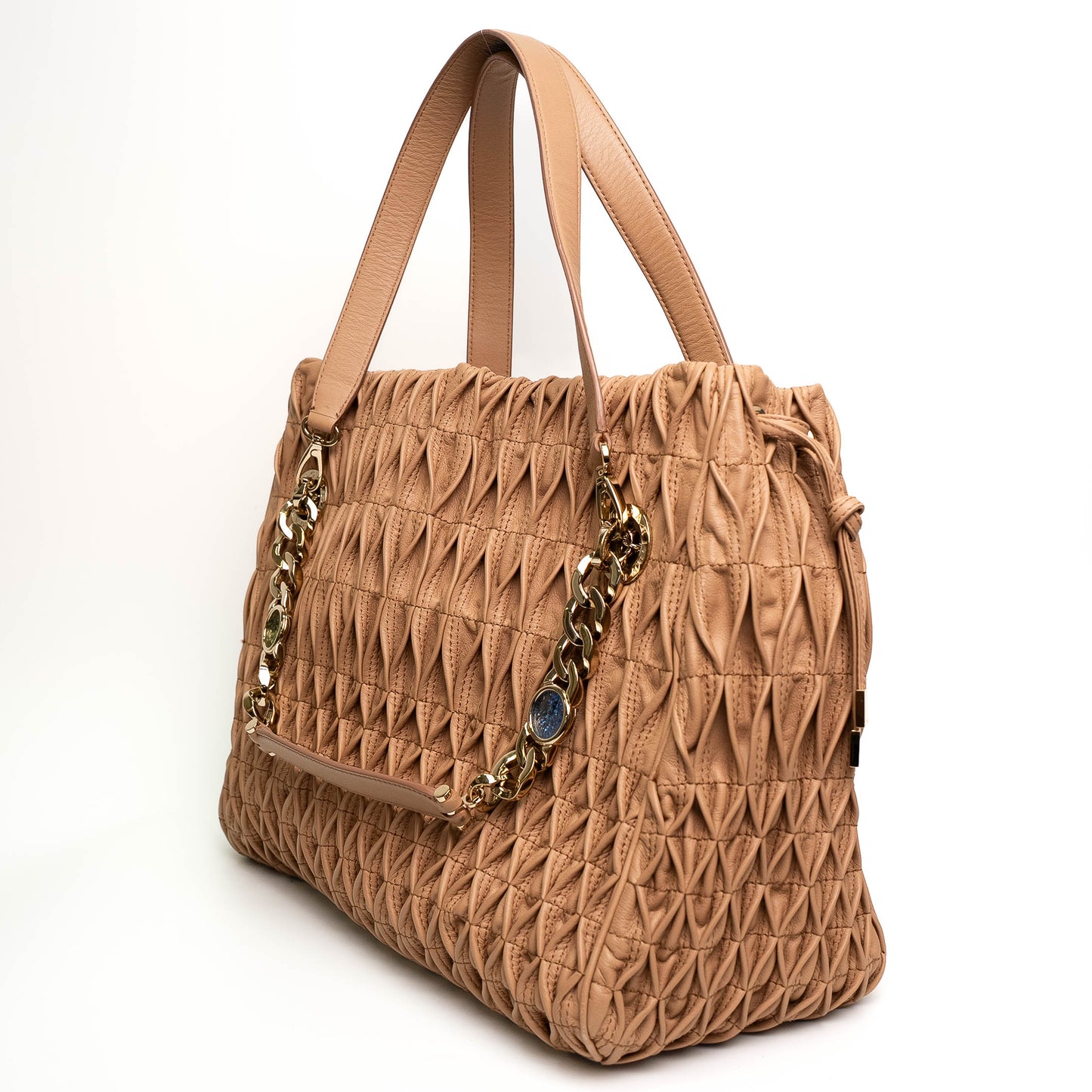 Bvlgari Willow Beige Pleated Leather Drawstring Tote Bag