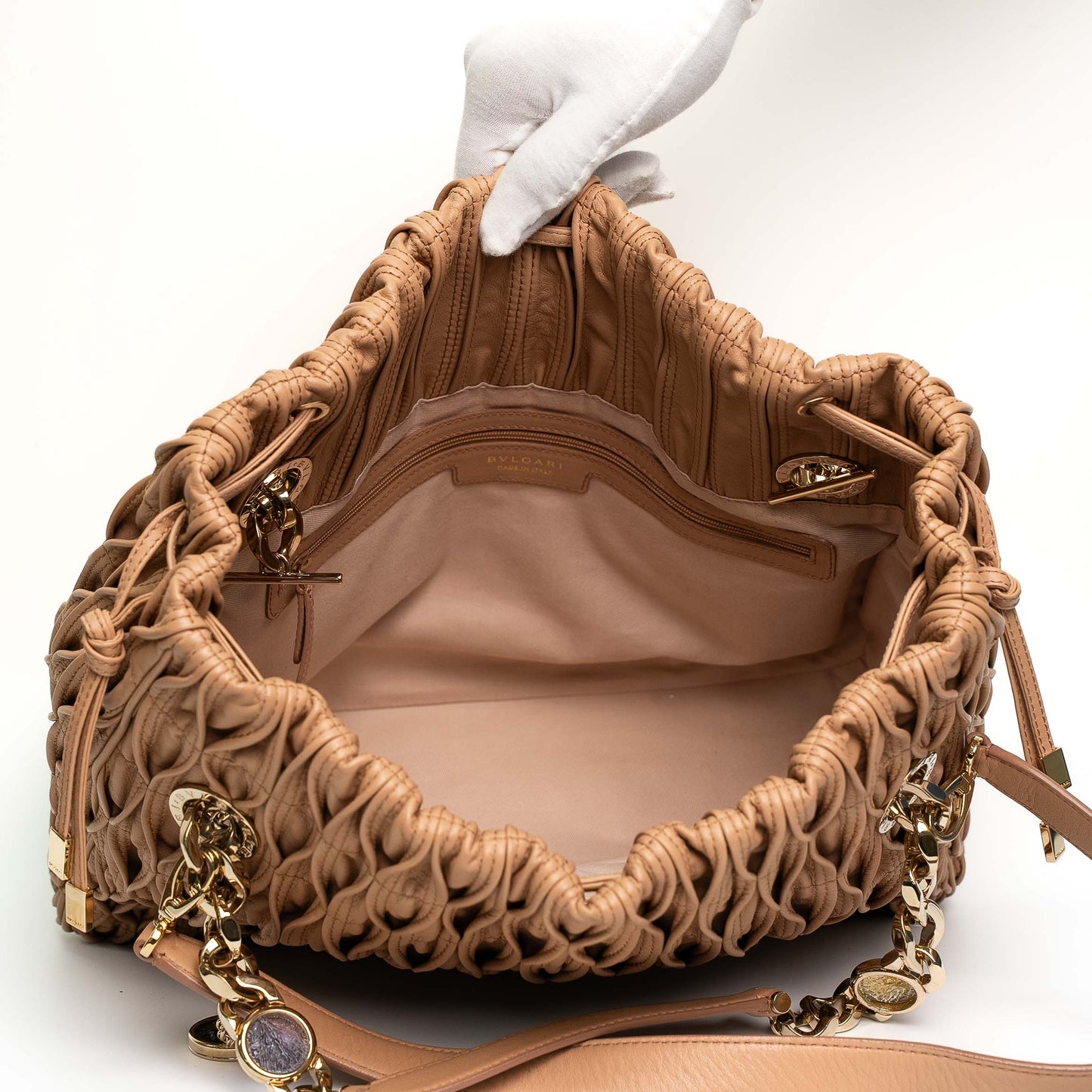 Bvlgari Willow Beige Pleated Leather Drawstring Tote Bag
