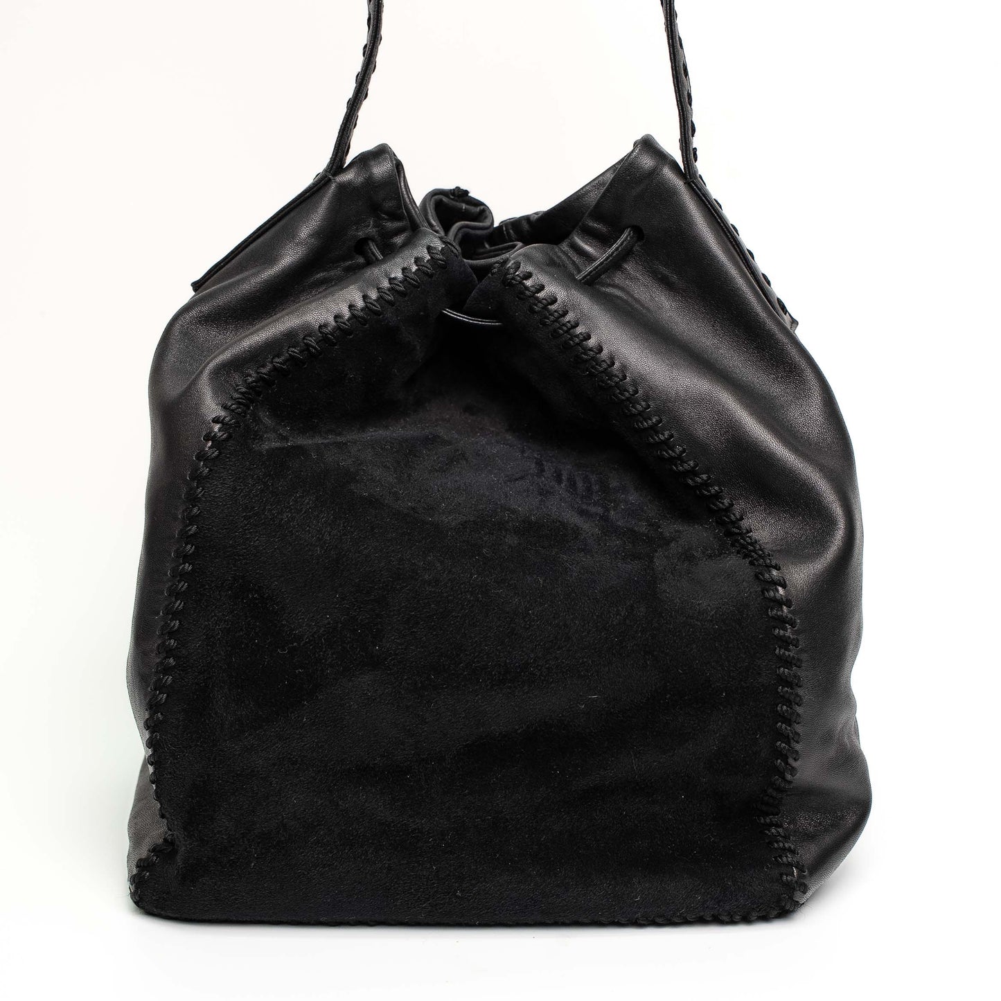 Prada Black Calf Leather Scamosciato Tassel Bucket Bag