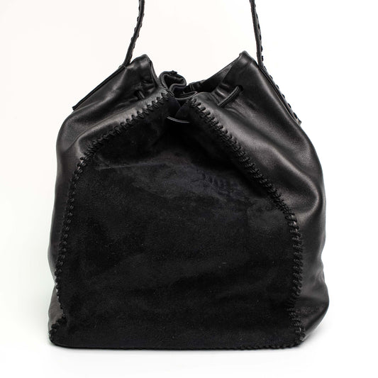 Prada Black Calf Leather Scamosciato Tassel Bucket Bag