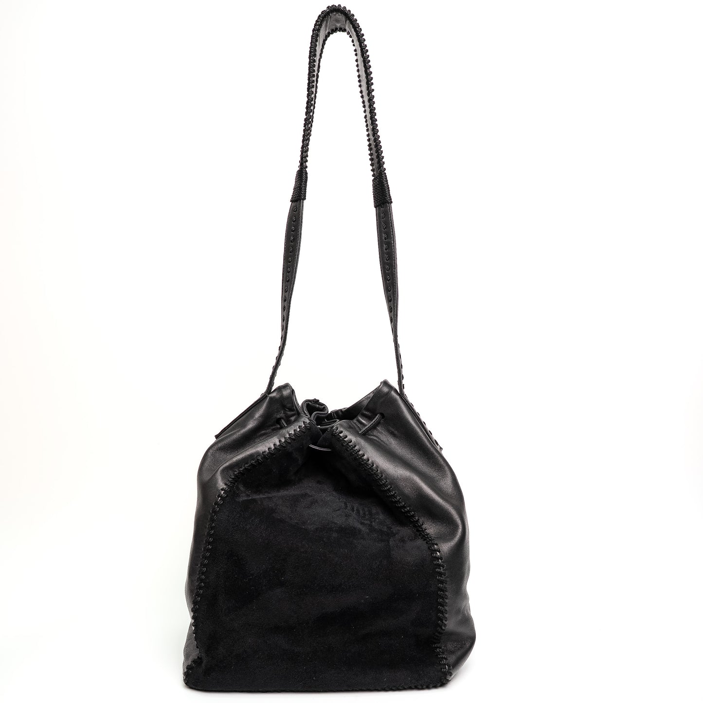 Prada Black Calf Leather Scamosciato Tassel Bucket Bag