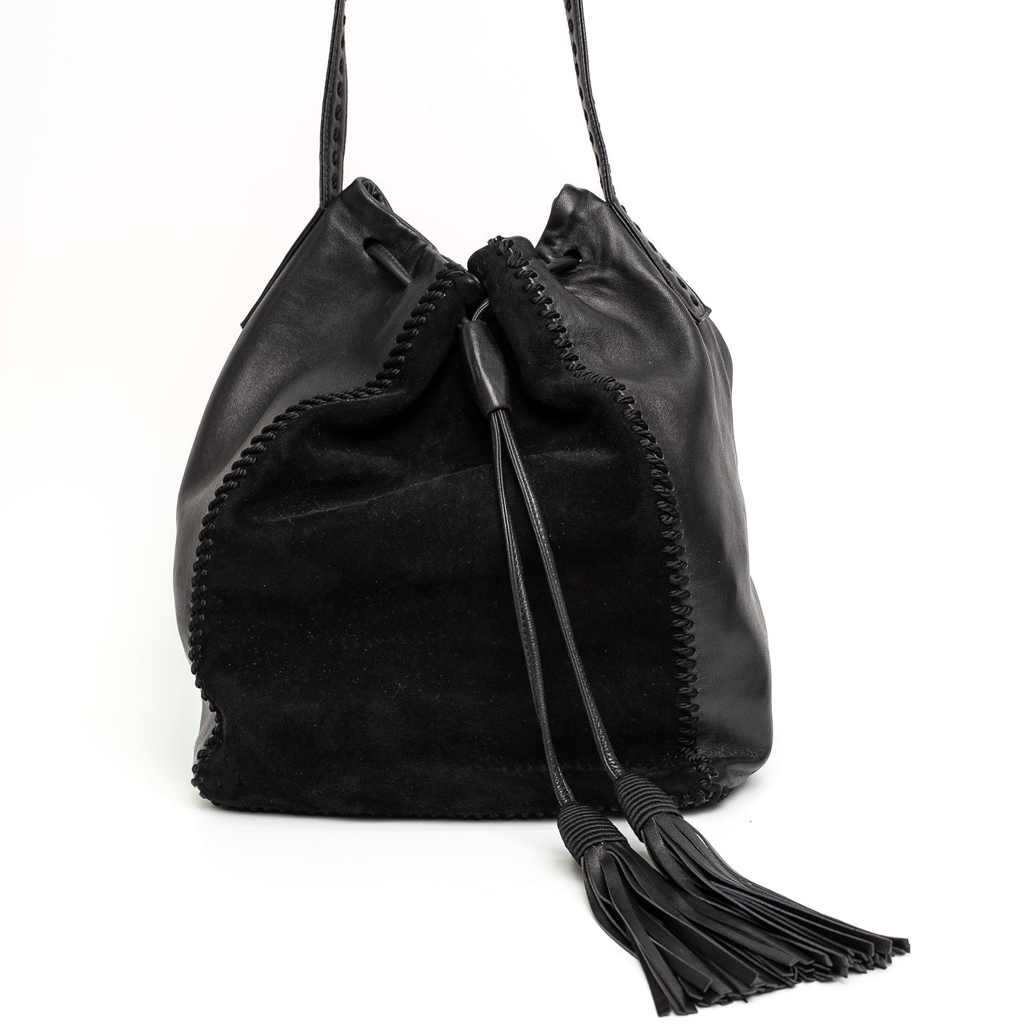 Prada Black Calf Leather Scamosciato Tassel Bucket Bag