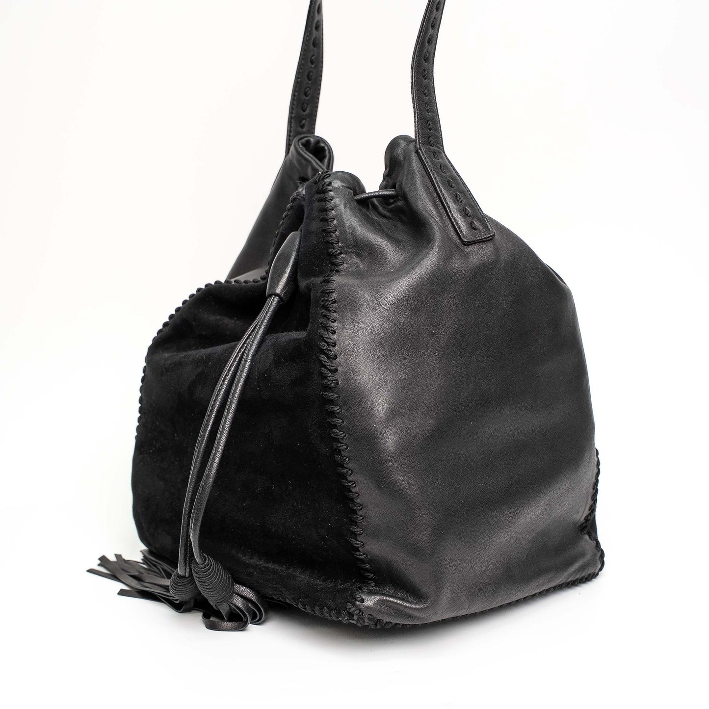 Prada Black Calf Leather Scamosciato Tassel Bucket Bag