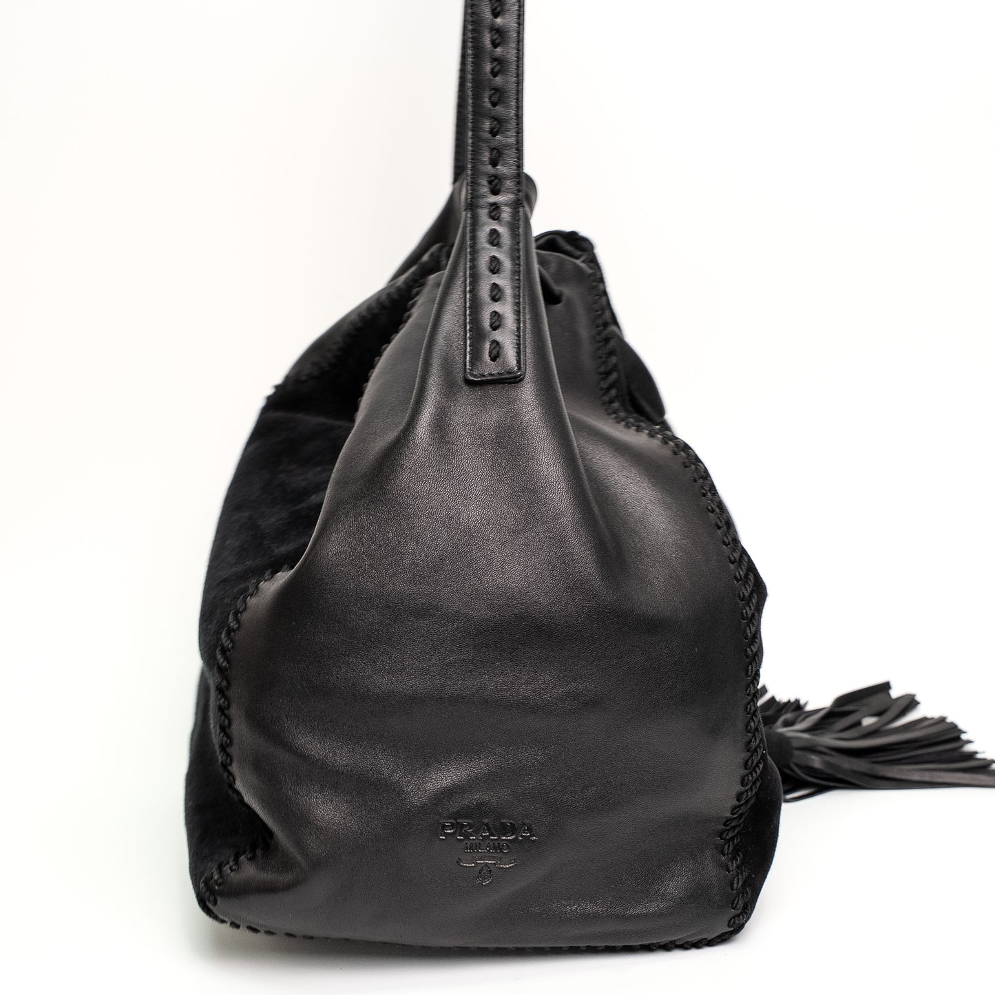 Prada Black Calf Leather Scamosciato Tassel Bucket Bag