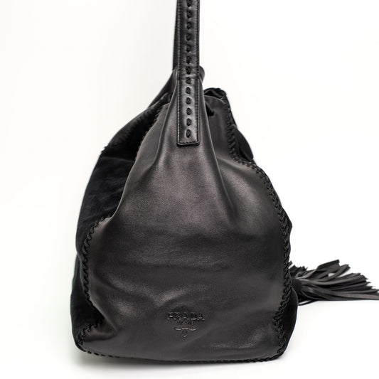 Prada Black Calf Leather Scamosciato Tassel Bucket Bag