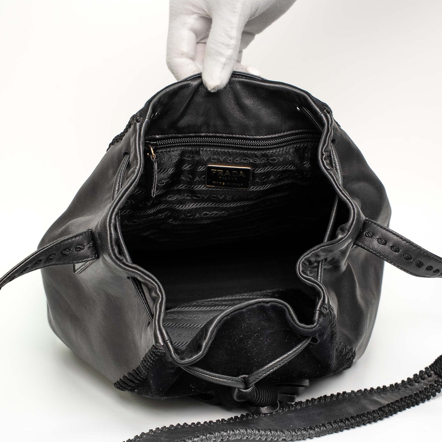 Prada Black Calf Leather Scamosciato Tassel Bucket Bag