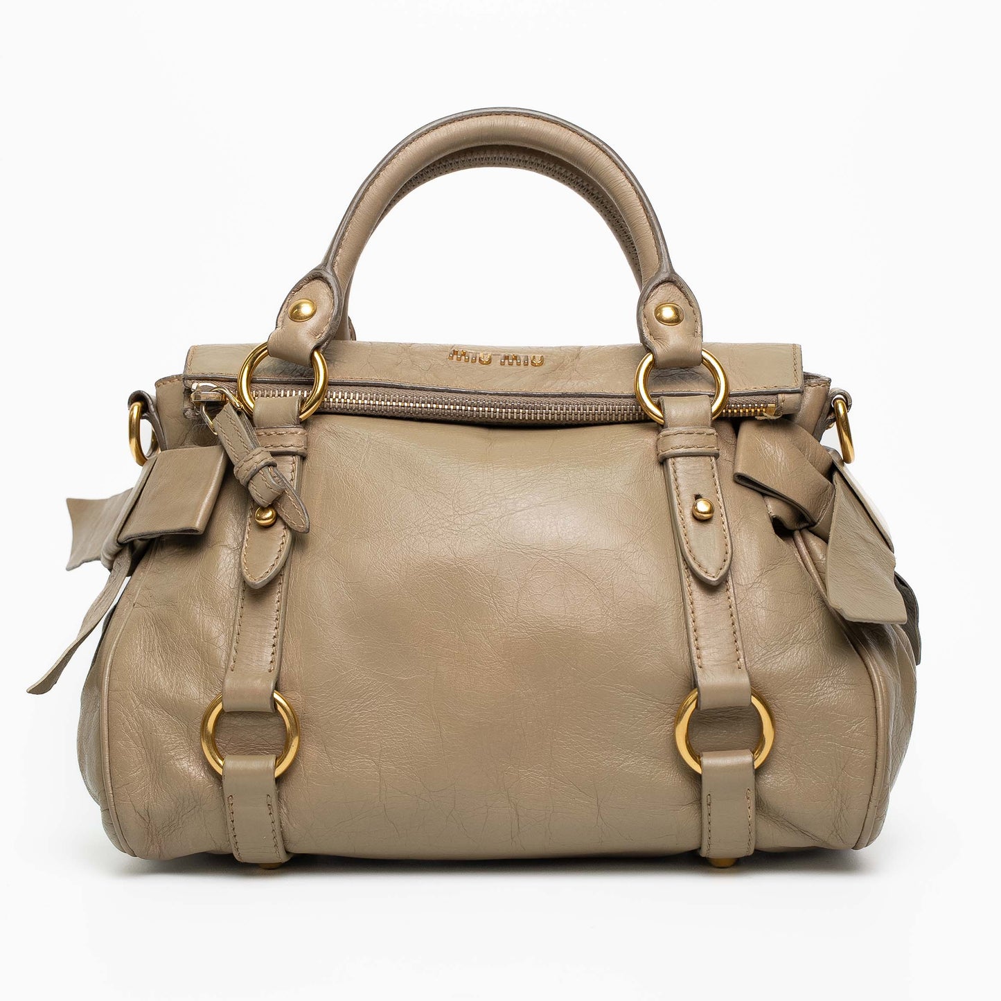 Miu Miu Bow Leather Beige Satchel Crossbody Gold Bag