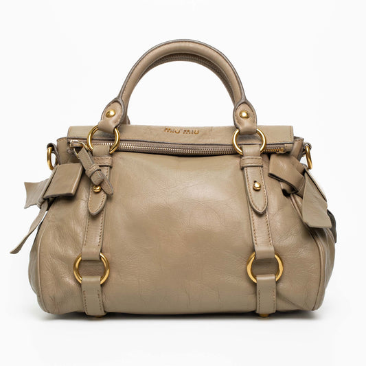 Miu Miu Bow Leather Beige Satchel Crossbody Gold Bag