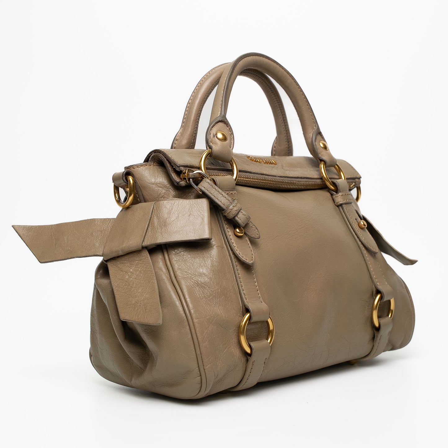 Miu Miu Bow Leather Beige Satchel Crossbody Gold Bag