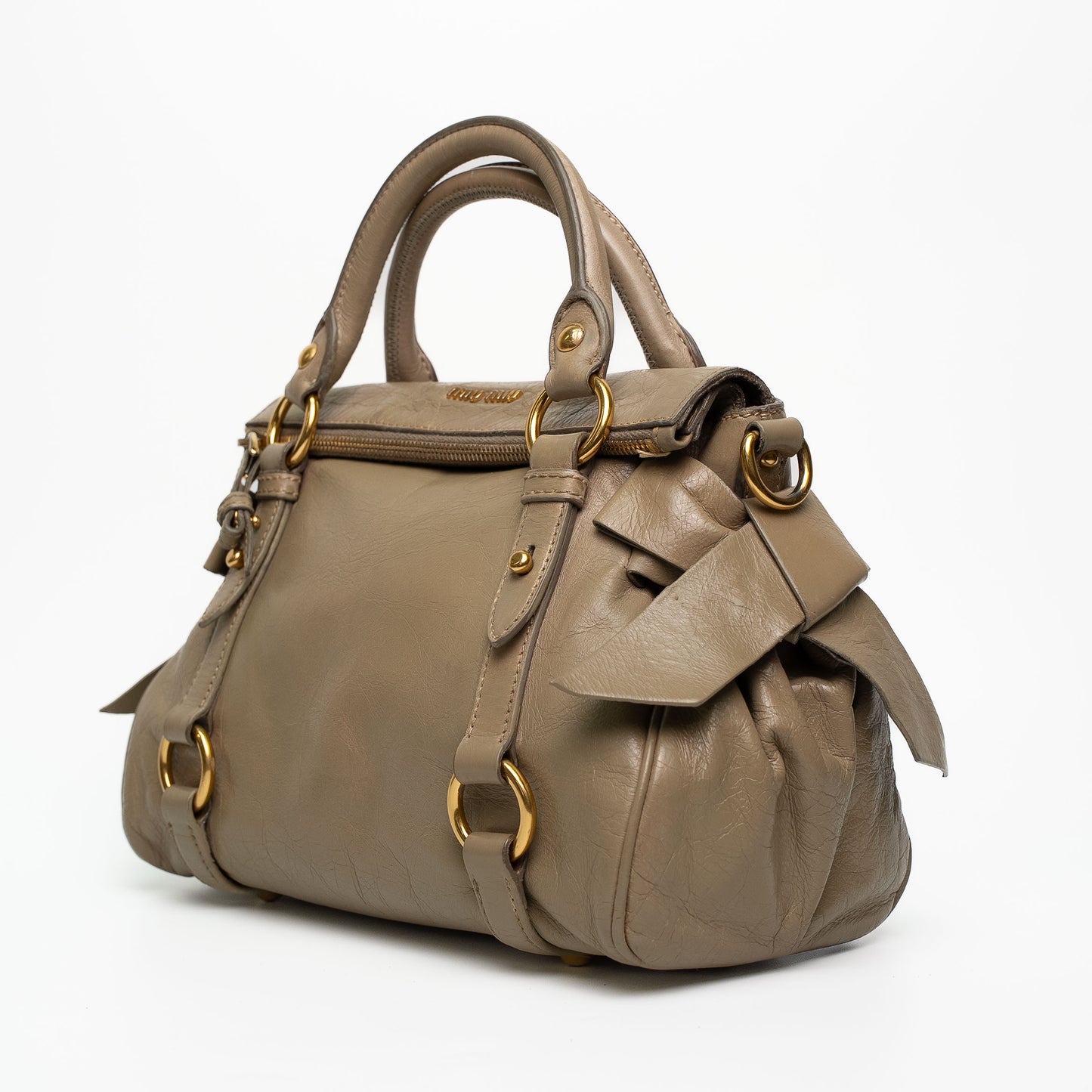 Miu Miu Bow Leather Beige Satchel Crossbody Gold Bag