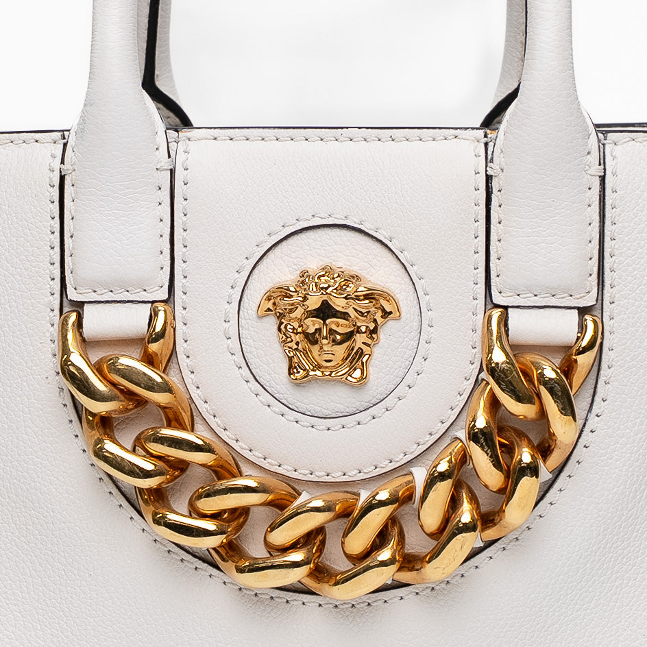 Versace La Medusa White Grained Leather Mini Tote Bag