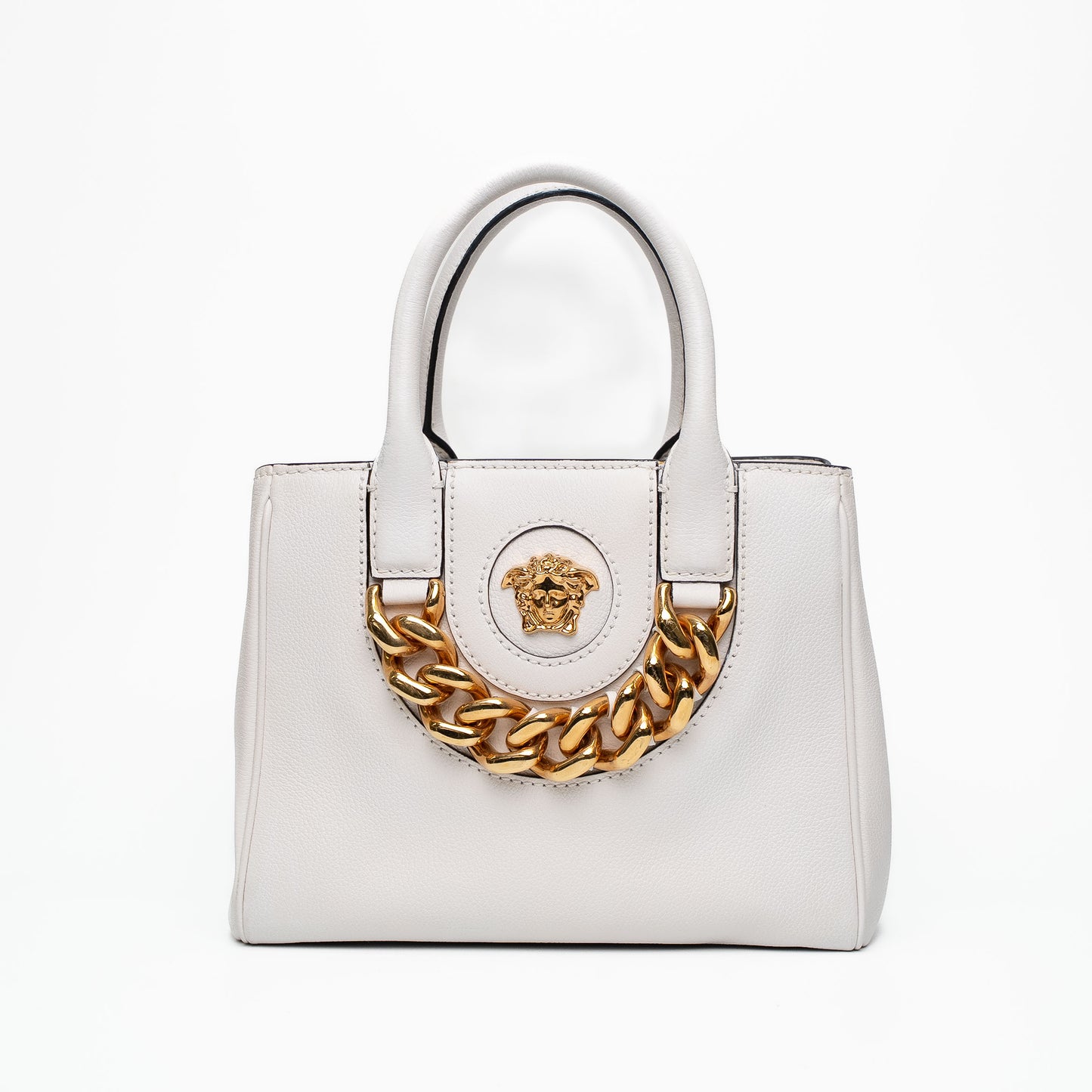 Versace La Medusa White Grained Leather Mini Tote Bag
